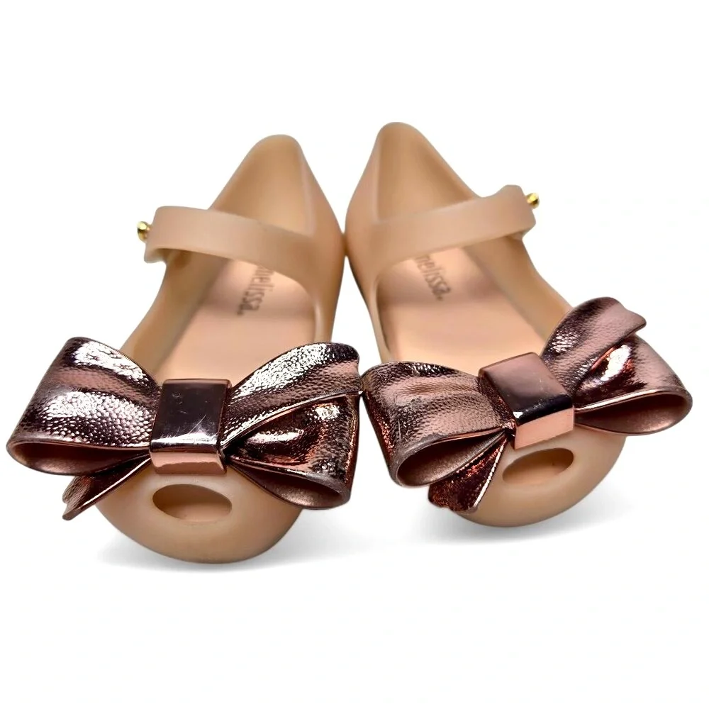 Mini Melissa Mary Jane Jelly Shoes Baby Rose Gold Chunky Bow Top Dress Up 5